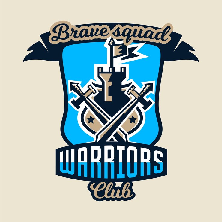 Vetor emblema de logotipo colorido de uma antiga fortaleza com uma bandeira e duas espadas cruzadas assunto cavaleiros guerreiros castelos ilustração vetorial