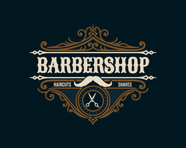 Emblema de logotipo de moldura de luxo vintage de barbearia com ornamento vitoriano floreado