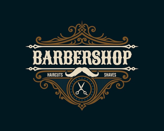 Vetor emblema de logotipo de moldura de luxo vintage de barbearia com ornamento vitoriano floreado