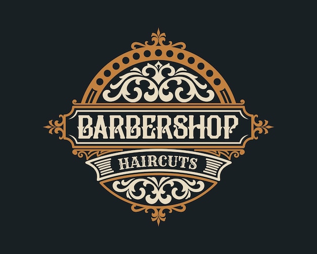 Emblema de logotipo de moldura de luxo vintage de barbearia com ornamento vitoriano floreado