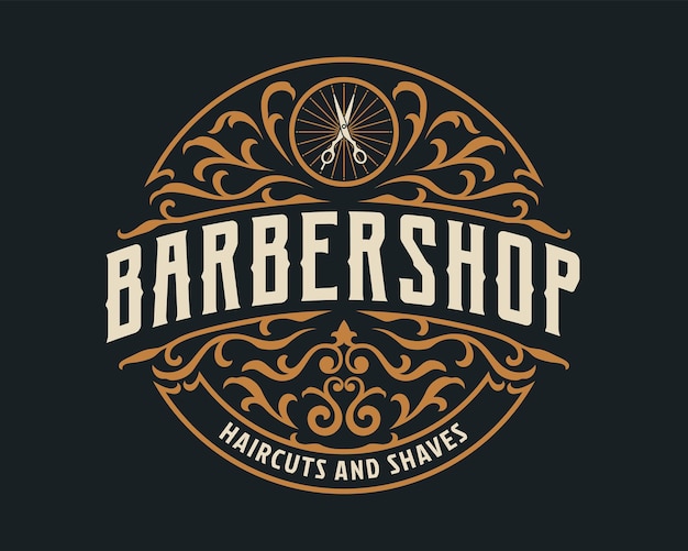 Emblema de logotipo de moldura de luxo vintage de barbearia com ornamento vitoriano floreado