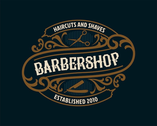 Emblema de logotipo de moldura de luxo vintage de barbearia com ornamento vitoriano floreado