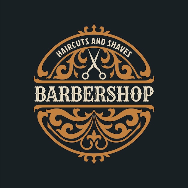 Emblema de logotipo de moldura de luxo vintage de barbearia com ornamento vitoriano floreado