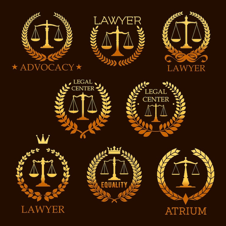 Vetor emblema de ouro do advogado com escala de justiça