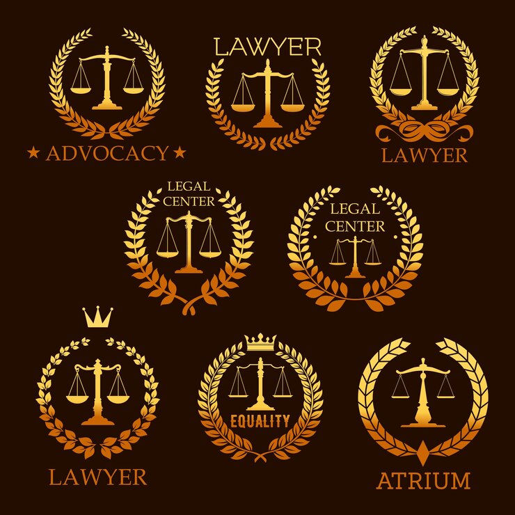 Vetor emblema de ouro do advogado com escala de justiça