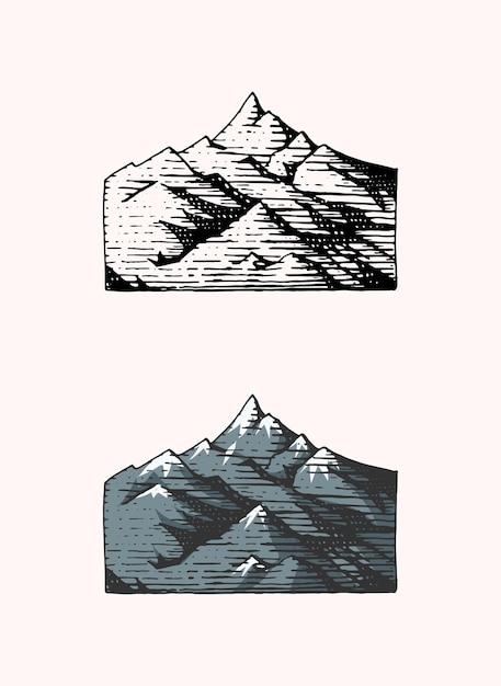 Emblema de picos de montanha gravada em etiqueta antiga desenhada à mão vintage