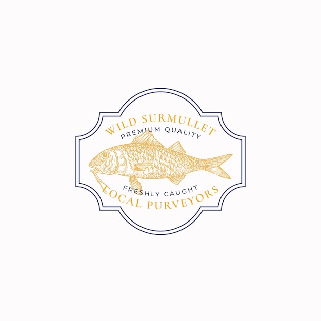 Emblema de quadro vintage de peixe ou modelo de logotipo desenhado à mão selvagem surmullet esboço emblema com typogra ...