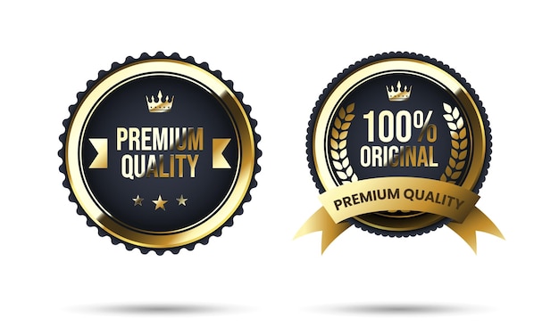 Vetor emblema de qualidade premium em ouro e preto 3d emblema de garantia premium realista com fita