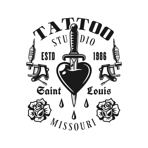 Vetor emblema de vetor de estúdio de tatuagem com faca perfurada em estilo vintage monocromático isolado no fundo branco