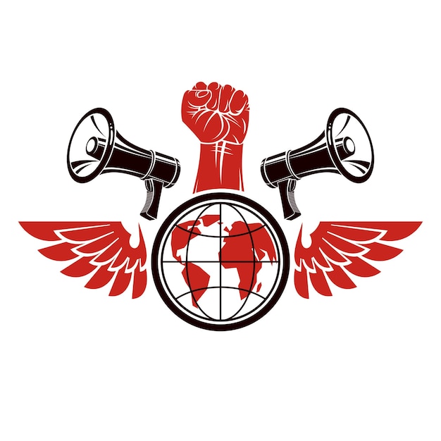 Emblema de vetor decorativo composto com punho cerrado levantado muscular segurando globo, asas de liberdade e megafones. a autoridade global como meio de influência política e social.