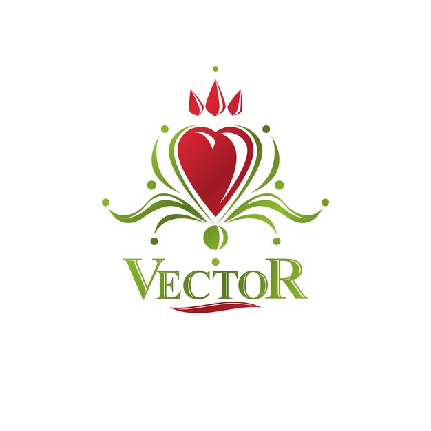 Vetor emblema de vetor heráldico vintage criado com símbolo real de flor de lírio e forma de coração romântico vermelho. símbolo de produto ecológico, elemento de tema orgânico para design.