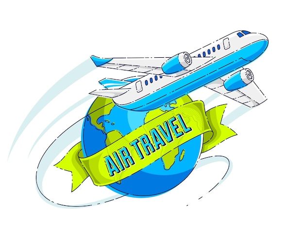 Vetor emblema de viagens aéreas de companhias aéreas ou ilustração com avião, planeta terra e fita com digitação. vetor de bela linha fina isolado sobre fundo branco.