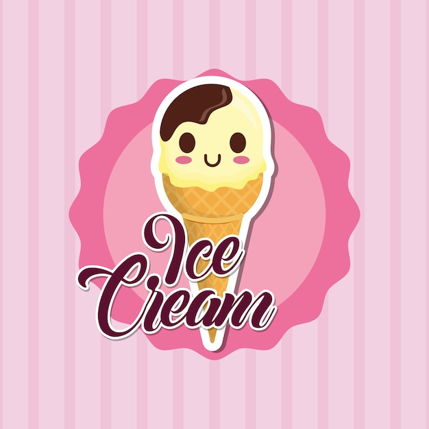Vetor emblema decorativo com ícone de cone de sorvete de kawaii