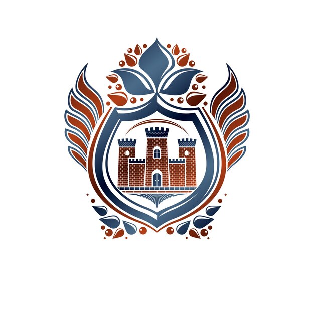 Emblema decorativo do brasão heráldico com fortaleza medieval e flor de lírio, ilustração vetorial isolada. escudo de proteção alado, defesa.