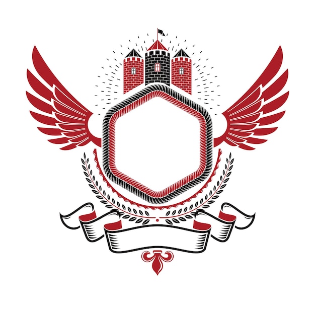 Vetor emblema do antigo forte. logo decorativo do brasão heráldico com ilustração vetorial isolada de asas decorada com fortaleza medieval e coroa de louros.