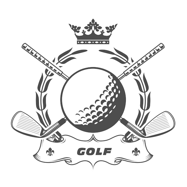 Emblema do clube de golfe cruzou tacos de golfe e coroa de louros de bola e vetor de prêmio de banner