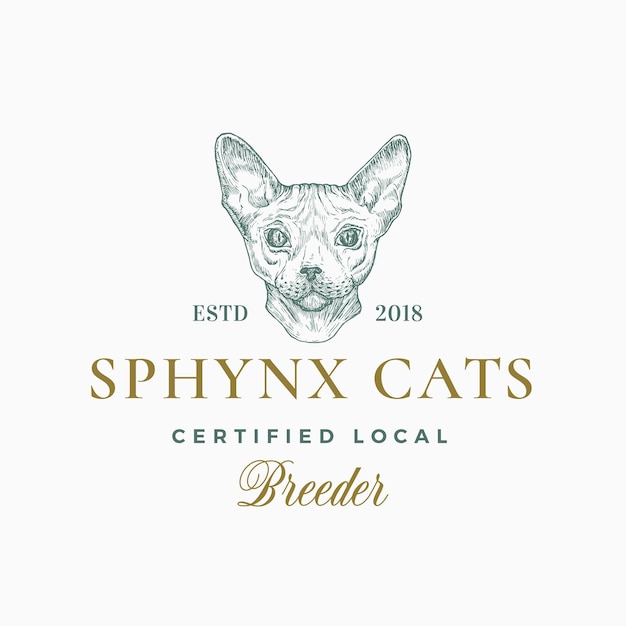 Vetor emblema do criador de gatos ou modelo de logotipo. esboço de rosto de raça sphynx desenhada de mão com tipografia retro. emblema premium vintage. isolado.