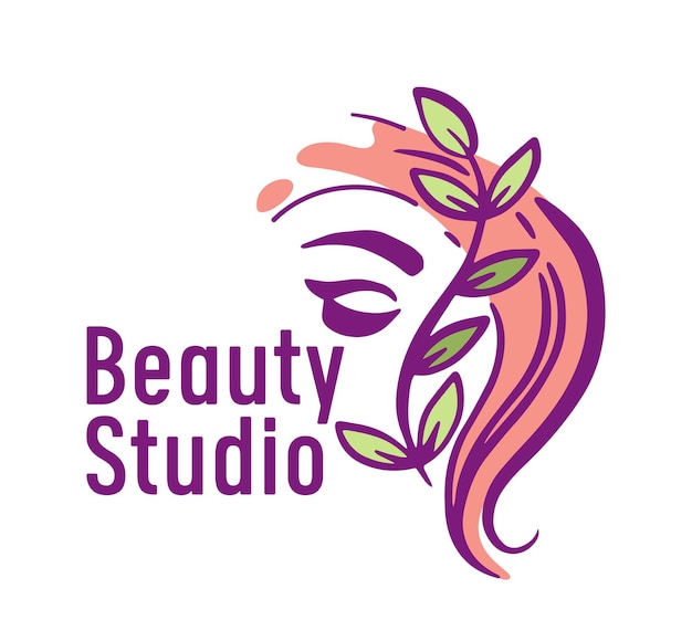 Emblema do estúdio de beleza com rosto feminino e folhas verdes sobre fundo branco. logotipo do salão de corte de cabelo, etiqueta isolada para barbearia, salão feminino, banner criativo de serviço de corte de cabelo. ilustração vetorial