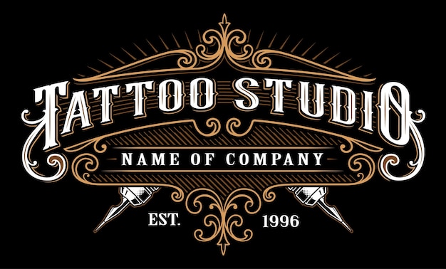 Emblema do estúdio de tatuagem vintage. letras de tatuagem no quadro de estilo retro. o texto está na camada separada. (versão para fundo escuro)