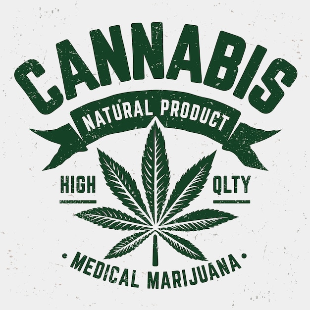 Emblema do grunge de cannabis. emblema monocromático antiquado envelhecido com folha de maconha.