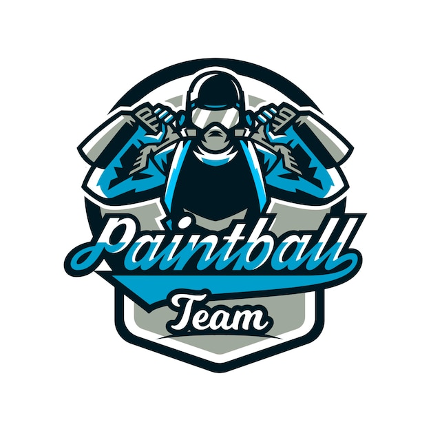 Emblema do logotipo uma pessoa jogando paintball segura duas armas jogo de equipe munição campo de tiro guerra ilustração vetorial