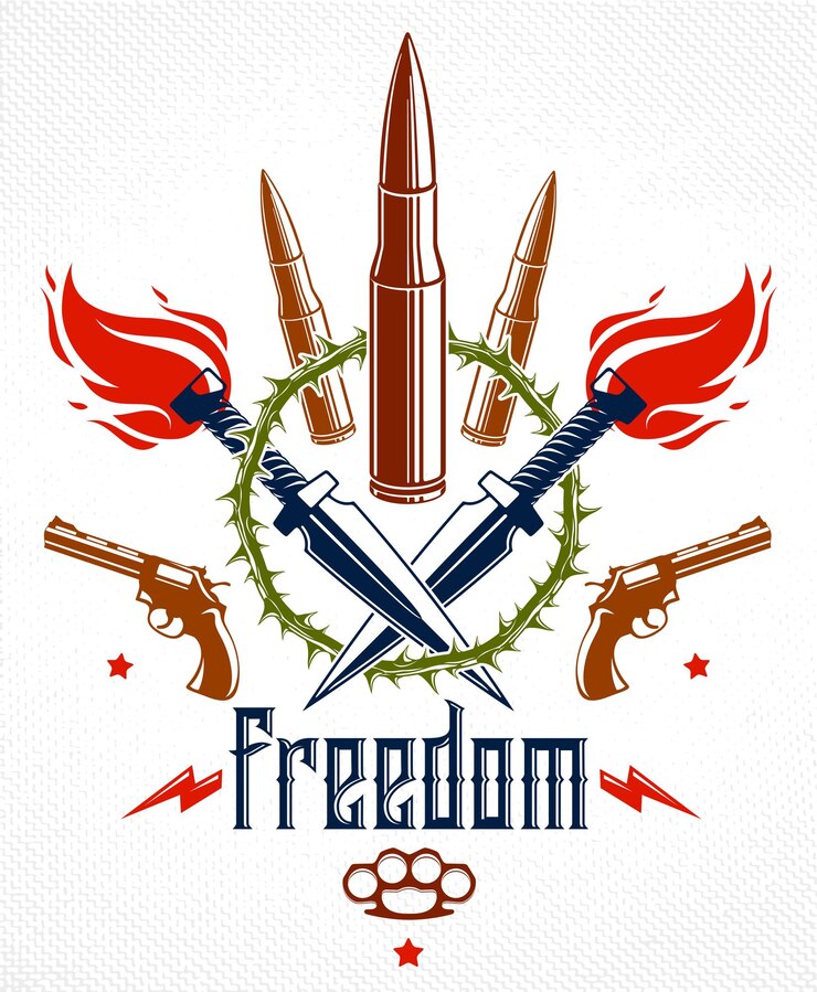 Vetor emblema do vetor revolução e guerra com balas e armas, logotipo ou tatuagem com muitos elementos de design diferentes, guerreiro partidário do motim, estilo criminoso e anarquista, tema de tensão social.