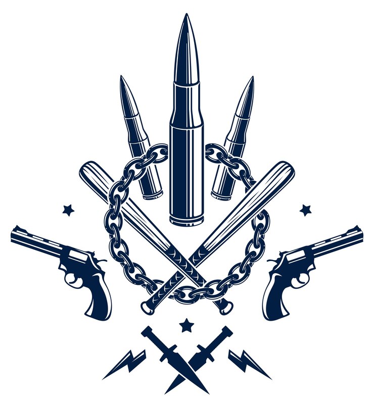Vetor emblema do vetor revolução e guerra com balas e armas, logotipo ou tatuagem com muitos elementos de design diferentes, guerreiro partidário do motim, estilo criminoso e anarquista, tema de tensão social.