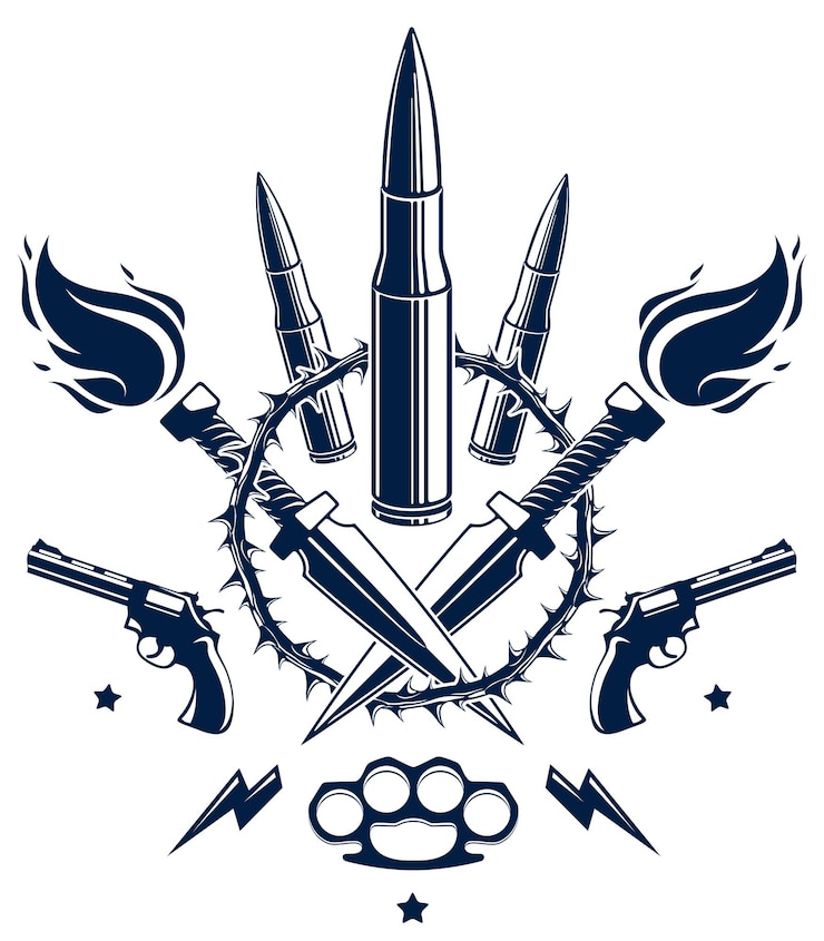 Vetor emblema do vetor revolução e guerra com balas e armas, logotipo ou tatuagem com muitos elementos de design diferentes, guerreiro partidário do motim, estilo criminoso e anarquista, tema de tensão social.