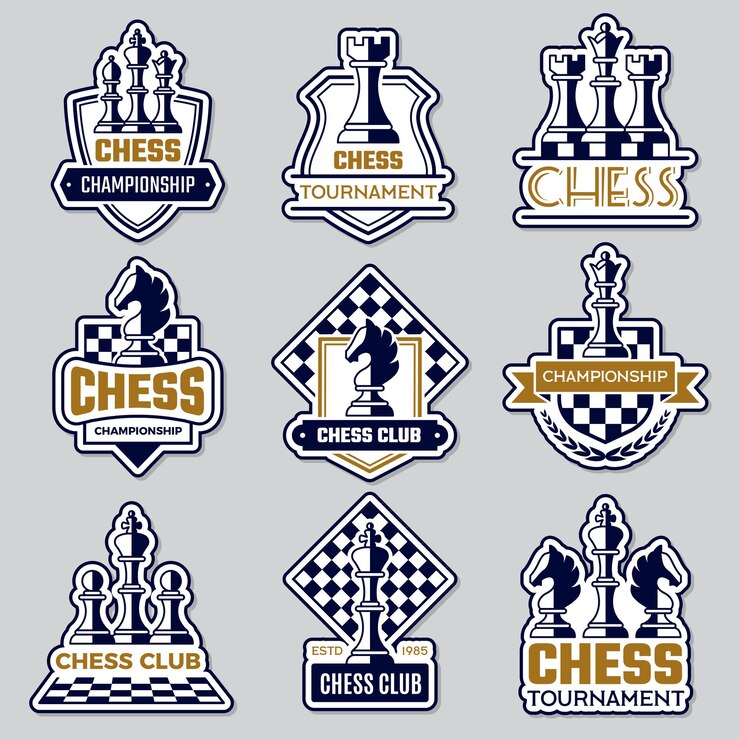 Vetor emblema do xadrez. logotipo do clube de esporte com símbolos de xadrez cavaleiro peão torre oficial silhuetas de emblemas de vetor de figuras. logotipo do clube de xadrez, ilustração do desafio de hobbies