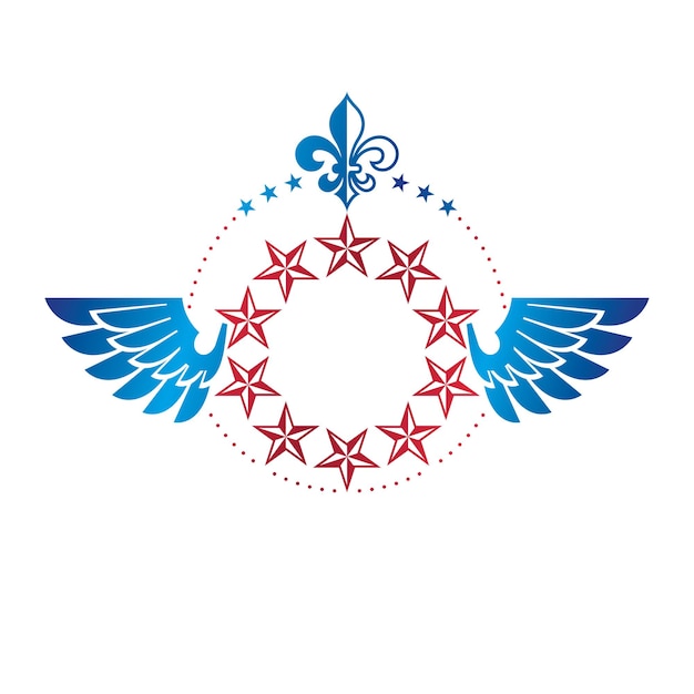 Emblema estrela pentagonal alado antigo, o melhor. elemento de design vetorial heráldico decorado com flor de lírio, símbolo premium. rótulo de estilo retrô, logotipo de heráldica.