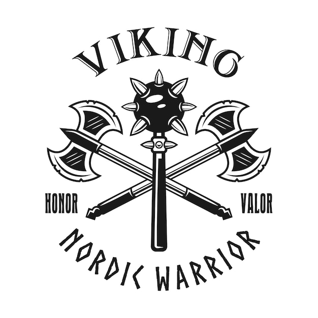 Emblema, etiqueta, distintivo, logotipo ou t-shirt de vetor de armas vikings impressão em estilo monocromático isolado no fundo branco