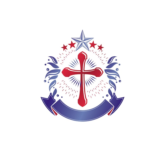 Vetor emblema gótico christian cross criado com estrela pentagonal e coroa de louros. ilustração em vetor heráldico brasão logotipo decorativo isolado. símbolo de arte religião e espiritualidade.