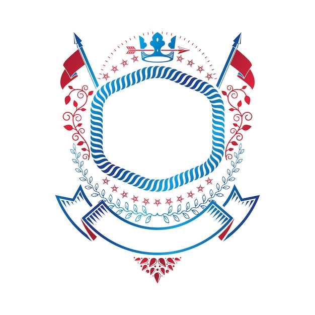 Vetor emblema gráfico composto com elemento da coroa real, fita de luxo e arsenal. ilustração em vetor heráldico brasão logotipo decorativo isolado.