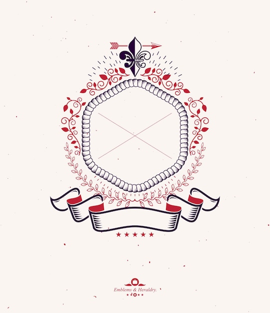 Emblema gráfico composto com símbolo real lily flower, fita decorativa e lança. elemento de design de vetor heráldico. rótulo de estilo retrô, logotipo de heráldica.