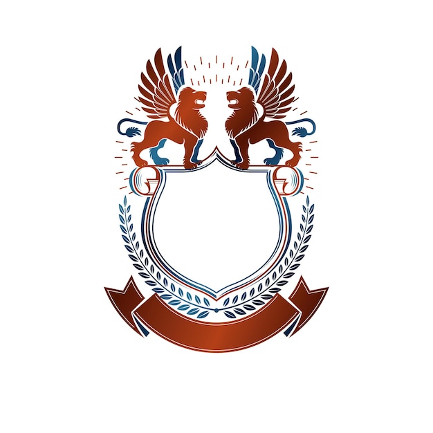Emblema gráfico composto por Brave Lions e linda fita. Heráldica brasão de armas logotipo decorativo isolado ilustração vetorial.