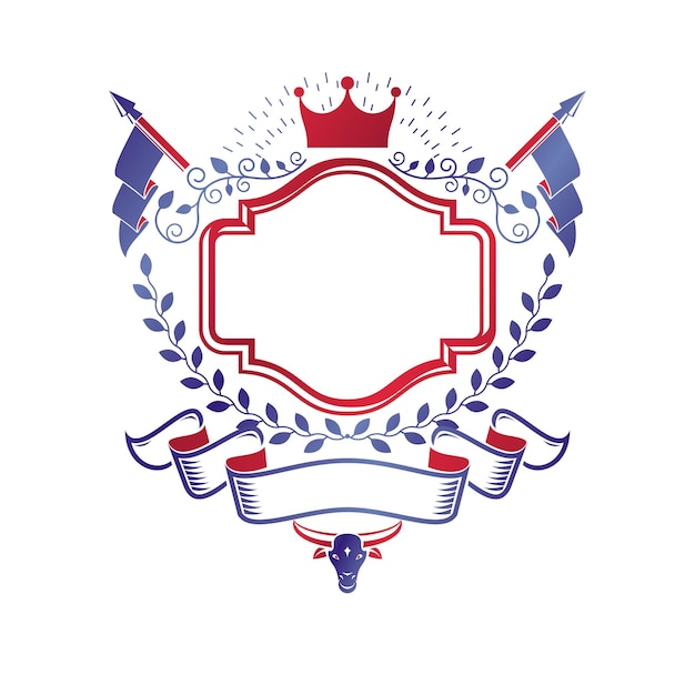 Vetor emblema gráfico composto por majestosas coroas e bandeiras. ilustração vetorial isolada do logotipo decorativo do brasão heráldico