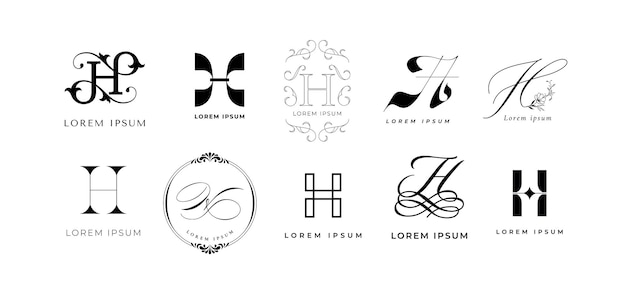 Vetor emblema h criativo monograma de letra h para cuidados de saúde feitos à mão e modelo de marca doméstica conjunto de ícones vetoriais