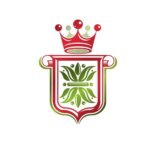 Emblema heráldico vintage criado com coroa monarca e símbolo real de flor de lírio. símbolo de produto de melhor qualidade, ilustração de tema de alimentos orgânicos, escudo de guarda feito com cartela.