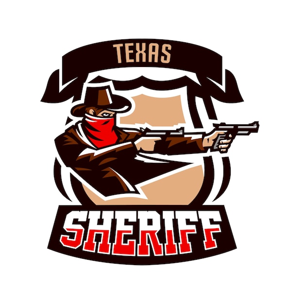 Emblema logotipo cowboy atirando de dois revólveres oeste selvagem um bandido texas um ladrão um xerife um criminoso um escudo impressão de ilustração vetorial em camisetas