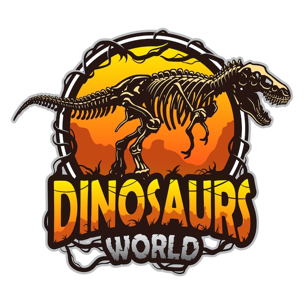 Vetor emblema mundial de dinossauros com esqueleto de tiranossauro. colorido isolado em fundo branco