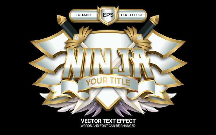 Vetor emblema ninja com efeito de texto editável e estilo dourado