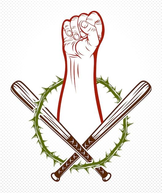 Vetor emblema ou logotipo agressivo de anarquia e caos com punho cerrado forte, tatuagem de estilo vintage vetorial, rebelde rebelde partidário e revolucionário.