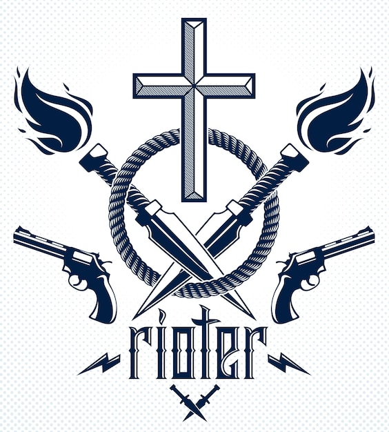 Emblema ou logotipo do bandido gangster com christian cross, armas e diferentes elementos de design, tatuagem vetorial, anarquia e caos, guerrilheiro rebelde morto e revolucionário.