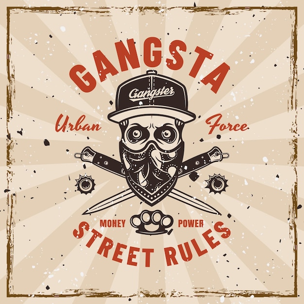 Emblema vetorial de gangster em estilo vintage com crânio em boné e bandana no rosto e facas de luta cruzadas ilustração em fundo com texturas grunge removíveis