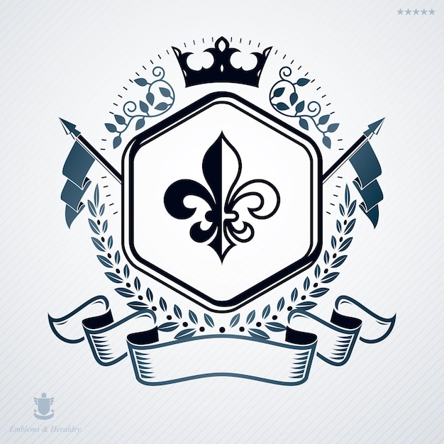 Vetor emblema vetorial vintage feito em design heráldico e decorado com coroa monarca e bandeiras