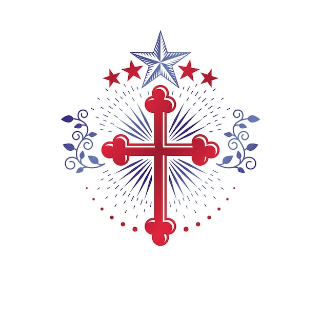 Emblema vintage religioso cruzado criado usando estrela pentagonal e ornamento floral, crucificação cristã. brasão heráldico, logotipo vetorial glória de deus.