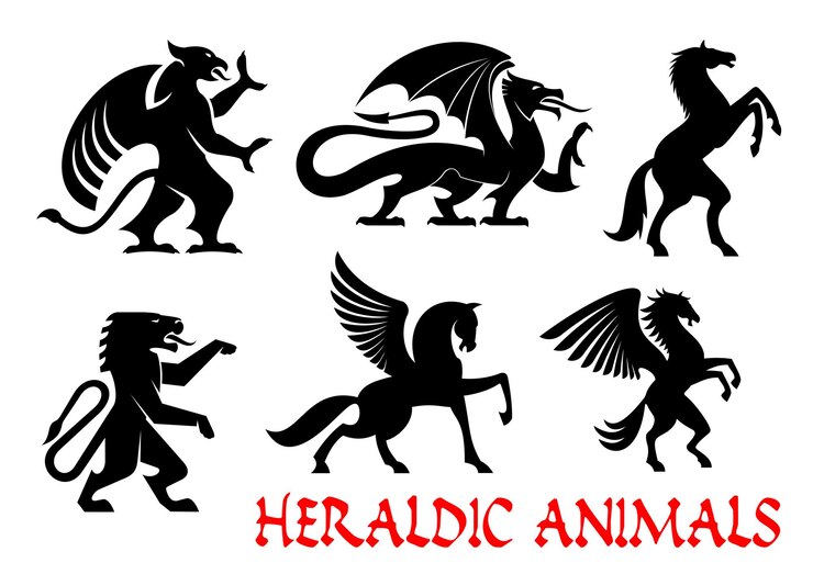 Vetor emblemas de animais míticos heráldicos