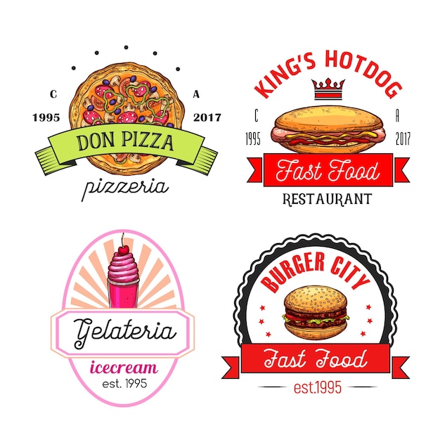 Emblemas de café e pizzaria de restaurante de fast food