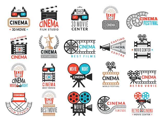 Emblemas de cinema. Símbolos de produção cinematográfica câmera diretor cadeira filme fita logotipo coleção