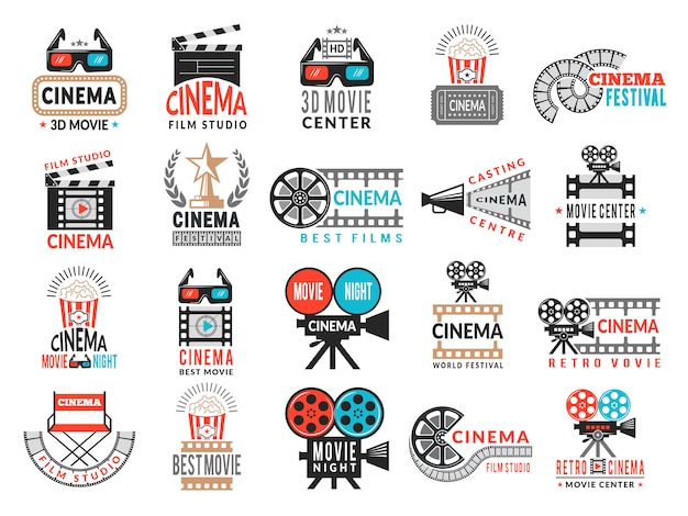 Emblemas de cinema. símbolos de produção cinematográfica câmera diretor cadeira filme fita logotipo coleção